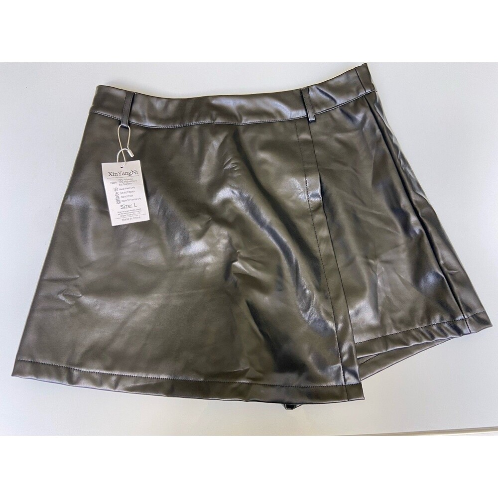 xinyangni Faux Leather Vegan Mini Skirt Shorts Womens Large Wrap Biker Chic
